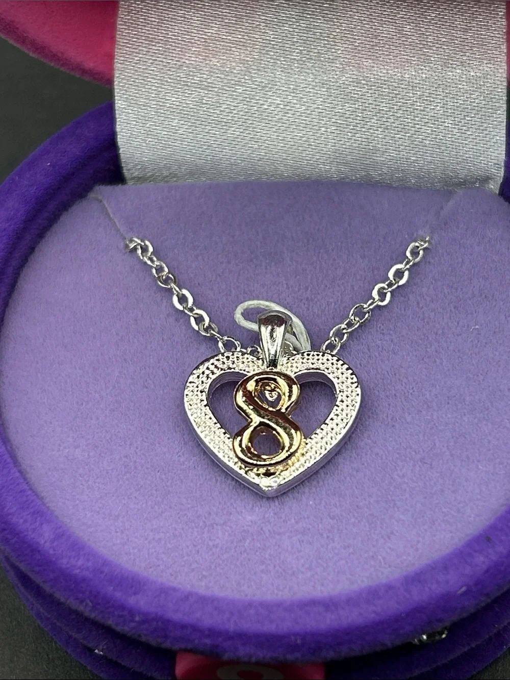 Silver Heart Pendant Necklace with Gold Accented '8' Charm - Pink & Purple